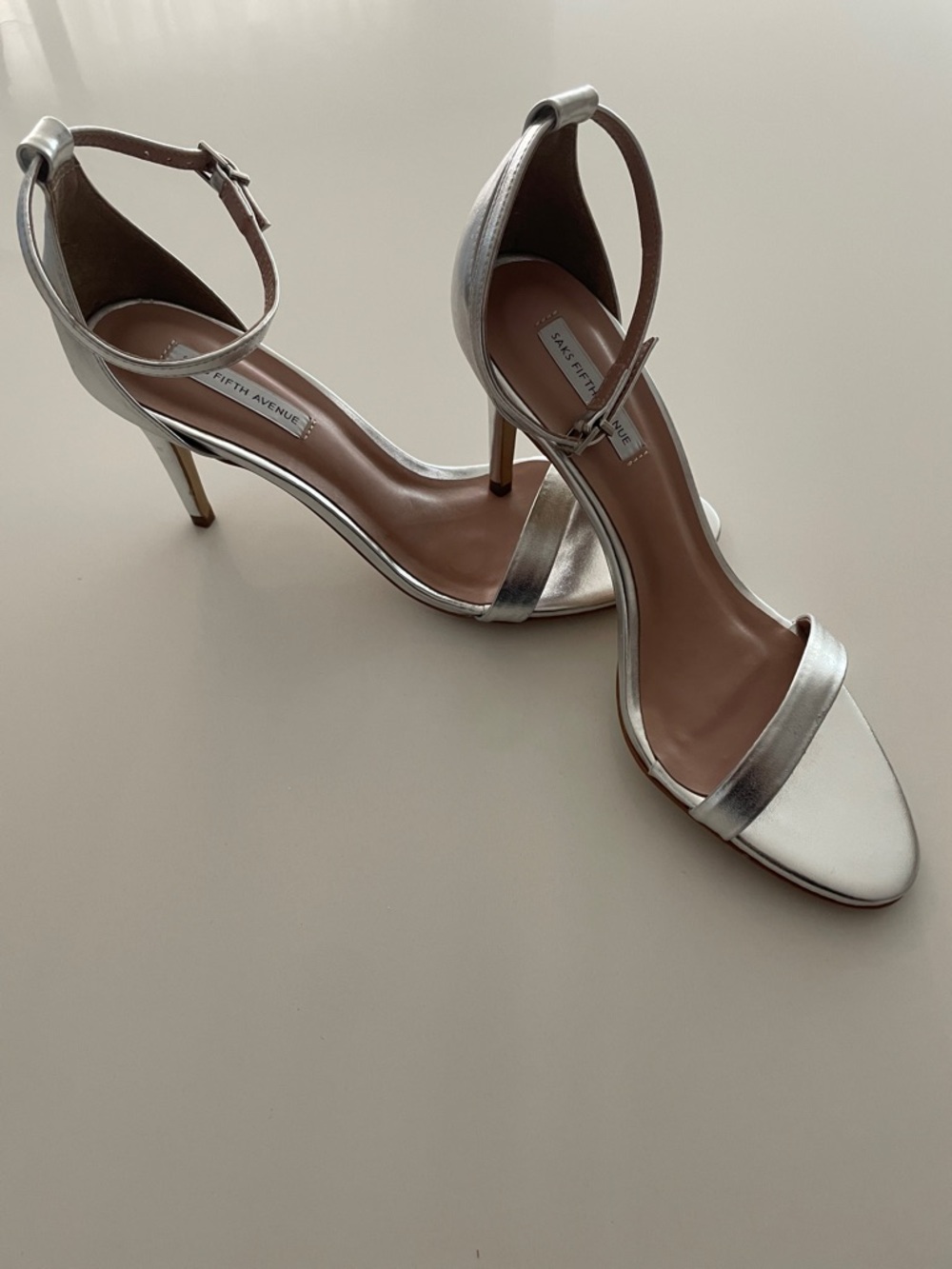 Saks Fifth Avenue Silver Metallic Open-Toe Ankle-Strap Heels
